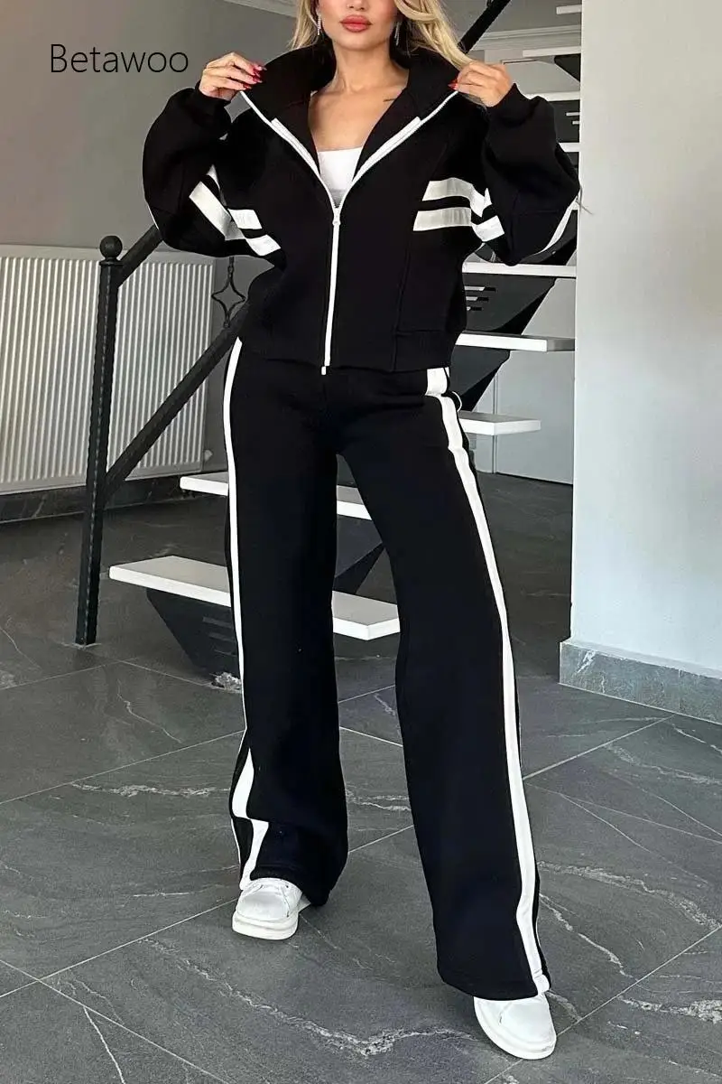 2026 Damen Zweiteiliger Trainingsanzug in Schwarz, Grün, Grau, Weiß, Braun mit weißen Seitenstreifen, Reißverschlussjacke und hochtaillierter Hose mit weitem Bein