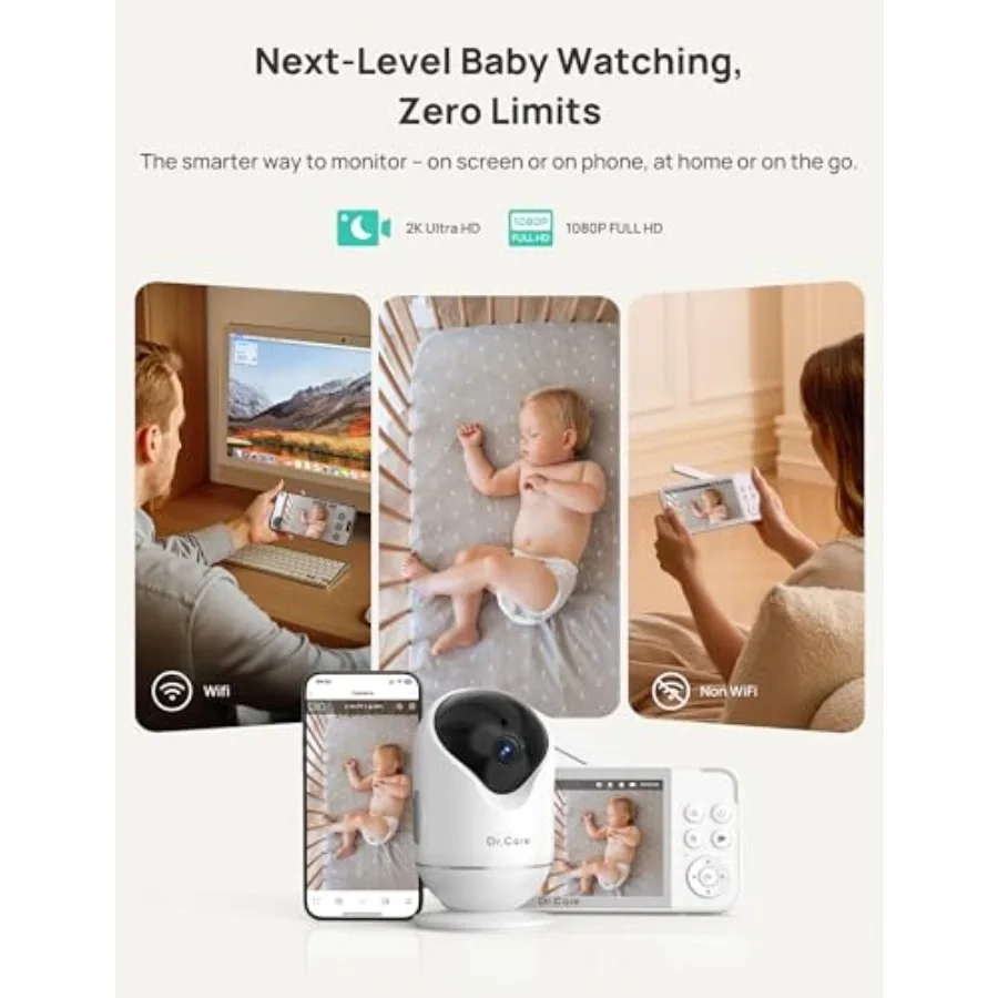 Baby monitor for home use, plastic, black, 2K HD camera with night vision, cry/motion alerts, 5000mAh battery, 2-way talk, WiFi