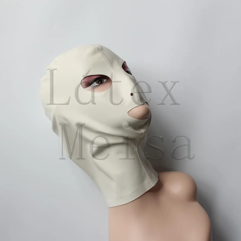 

Unisex Latex hoods rubber masks open eyes nostrils and mouth in white color with back zip