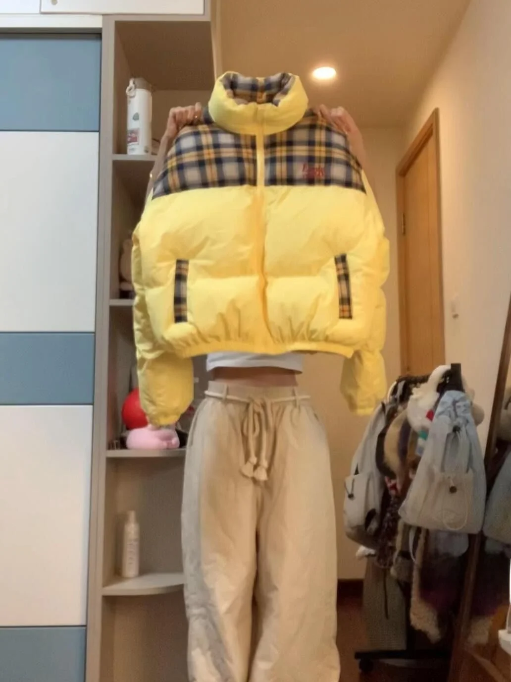 

Retro American Plaid Splicing Yellow Cotton Jaet Men's Women's Winter Thi Warm Stand Collar ort Bread Sle Outerwear