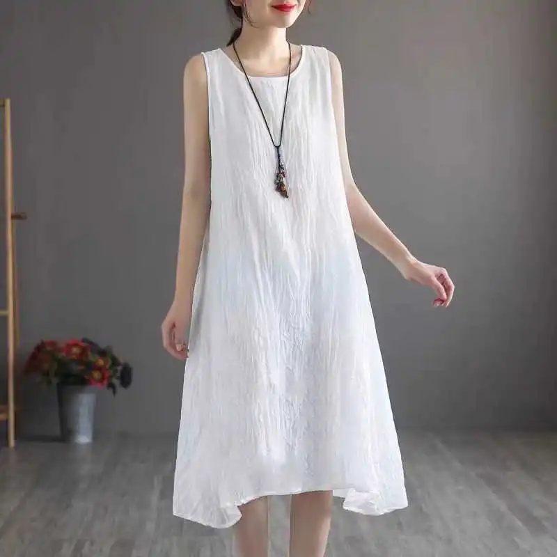 

Women's Dress 2022 New Loose High Fashion Vintage Linen Holiday Beachwear Summer Sexy Sleeveless V Neck Dress Ladies Big Size