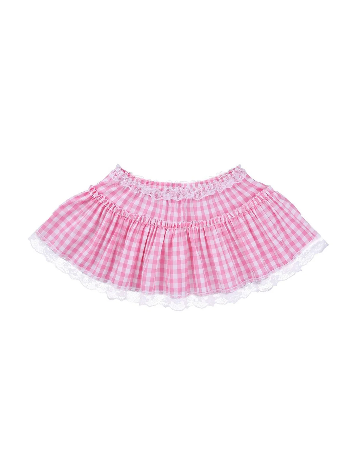 Women s Checkered Plaid Mini Skirt with Lace Trim Detail Elegant Pleated Princess Skirt for a Flirty Look in Pink and Blue