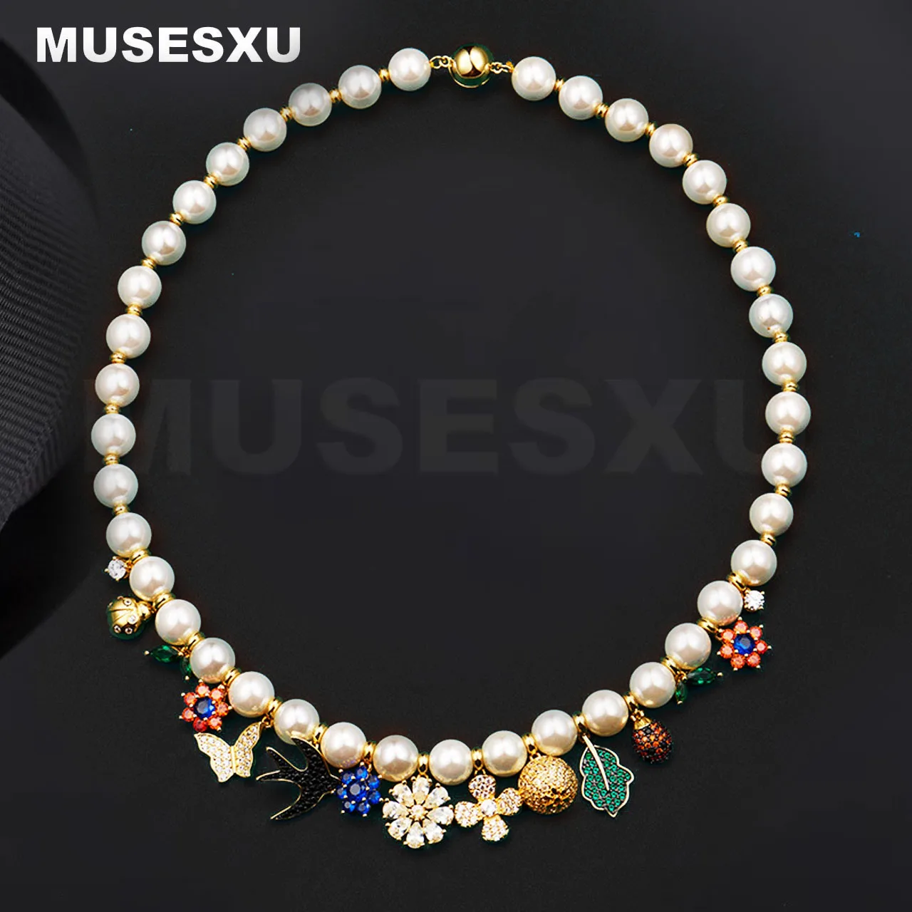 Jewelry & Accessories High Guality Inlaid With Colorful Crystal Flowers & Animal Tags Pearl Necklace For Women's Gifts