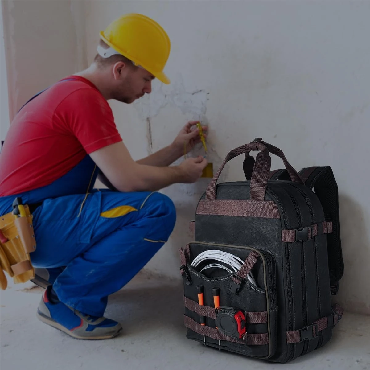 

90-Pockets Electrician Backpack, Wax-Canvas Tool Backpack Heavy Duty, Convenient Work Tool Backpack With Pockets