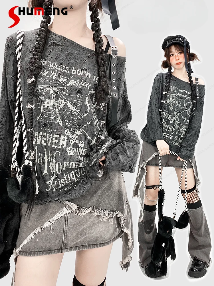 

Subculture Y2k Off-Shoulder Ragged Gray T-shirt Women Waste Soil Style Print Thin Pullover Hottie Street Fashion Aesthetic Top