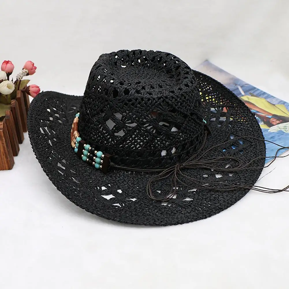 Lina papierowa tkana czapka przeciwsłoneczna Unisex słomiane koraliki kapelusz kowbojski Vintage zachodni kapelusz kowbojski męski elegancki kapelusz damski kapelusz kowbojski jazzowy — zdjęcie 7