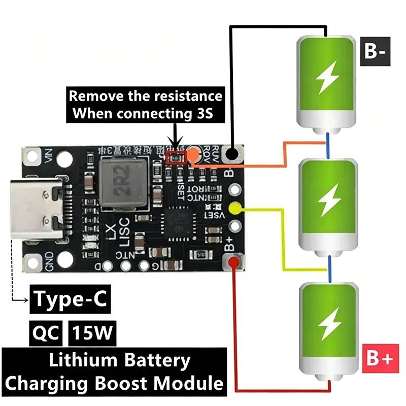 2S 3S Type-C USB BMS 15W 8.4V 12.6V 1.5A Lithium Battery Charging Boost Module with Balanced Fast Charge Indicator