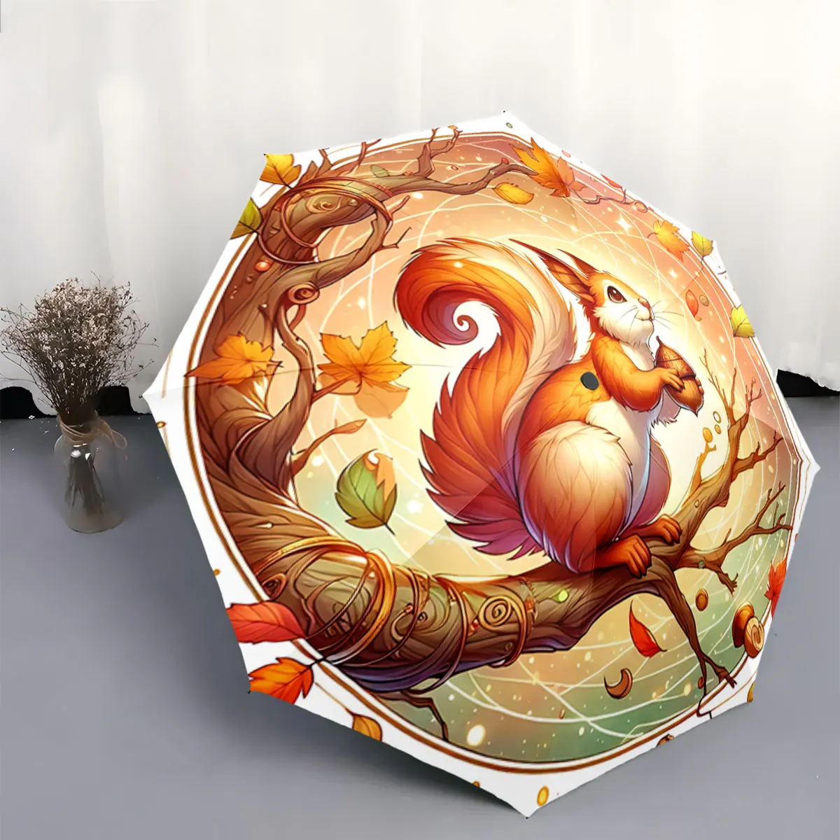 Autumn Squirrel with Acorn on Tree Branch Design portable waterproof sun rain umbrella for outdoor travel beach