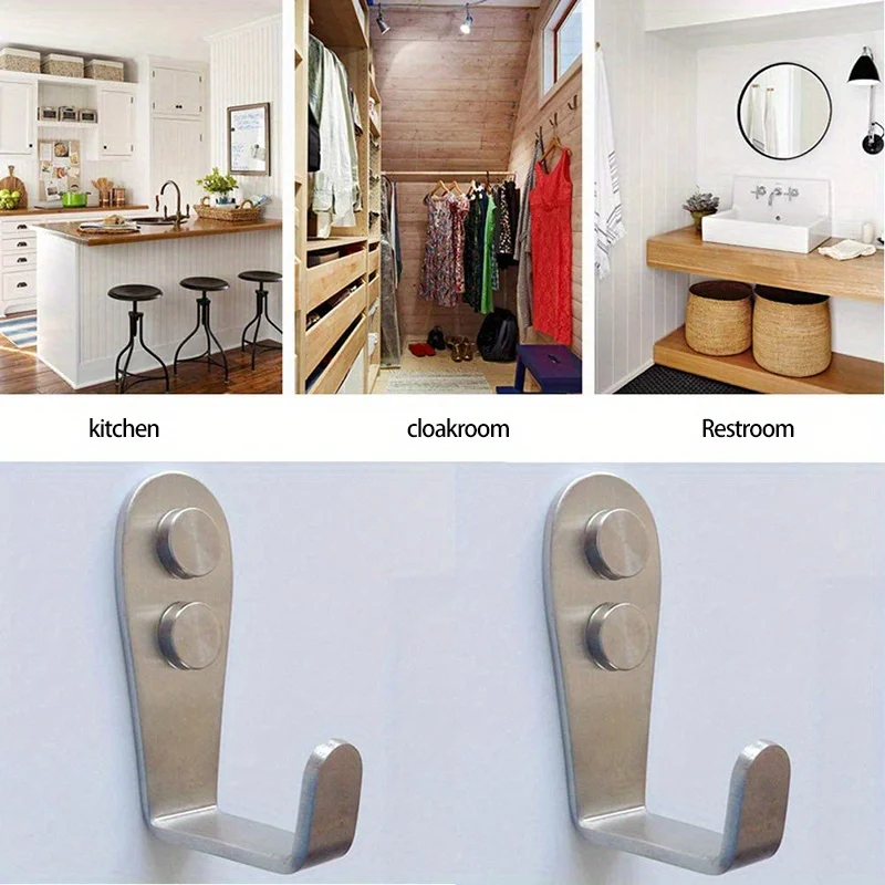 8/4 PCS Double Hole Hook Heavy Duty Stainless Steel Wall Hook Waterproof Sticky Hook Bathroom Hanging Towel Key Coat Bag