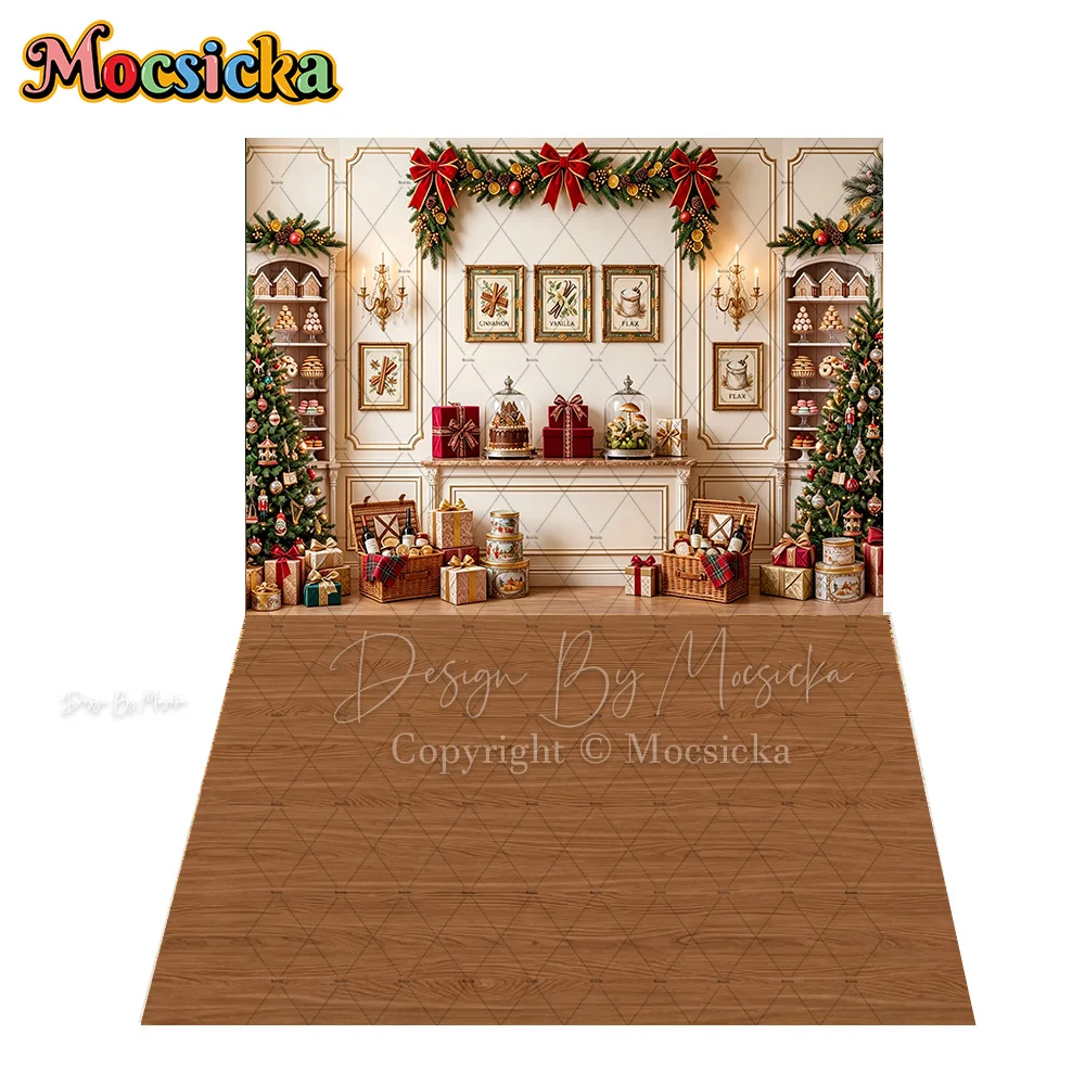 Mocsicka Vintage Christmas Bakery Shop Backdrop Photography Xmas Tree Gift Winter Snow Background Family Holiday Portrait Photo
