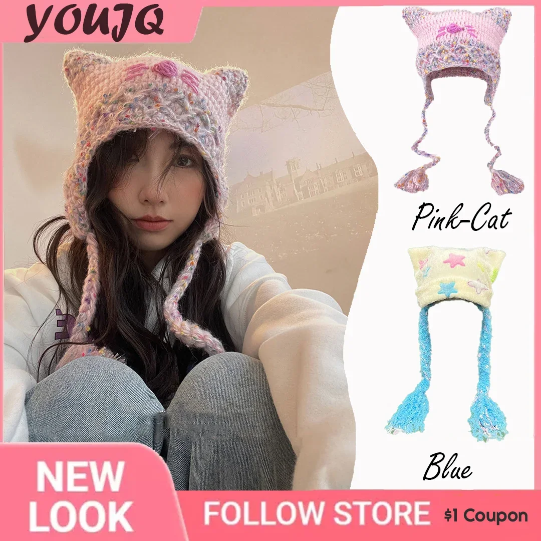 Japan Y2k Cat Ear Plush Winter Hats For Women Lovely Colorfur Star Braid Women Girls Chic White Warm Casual Cap Harajuku Cap