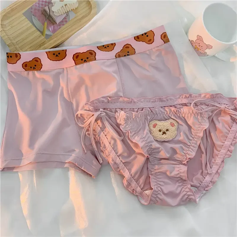 2PCS Couple Underwear Women Men's Boxers Panties Cartoon Pink Bear Boy Girls Underpants Bandage Sexy Briefs Lovers Femme Lingeri