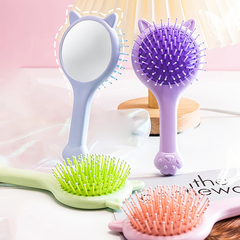 

Cartoon Air Cushion Comb Cat Claw Handle Mirror Comb Portable Handle Mirror Travel 2-in-1 Hair Brush For Girl Gift Makeup Tool