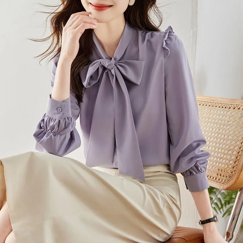 Spring Autumn Women\'s Pullover Scarf Collar Ruffles Shirring Solid Button Lantern Long Sleeve Chiffon Shirt Fashion Casual Tops