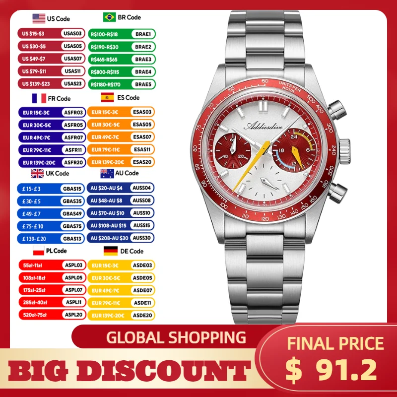 

ADDIESDIVE Chronograph Watch Luxury VK63 Bubble Glass100m Waterproof BGW9 Luminous Quartz Wristwatch Color Blocking Men's Watch