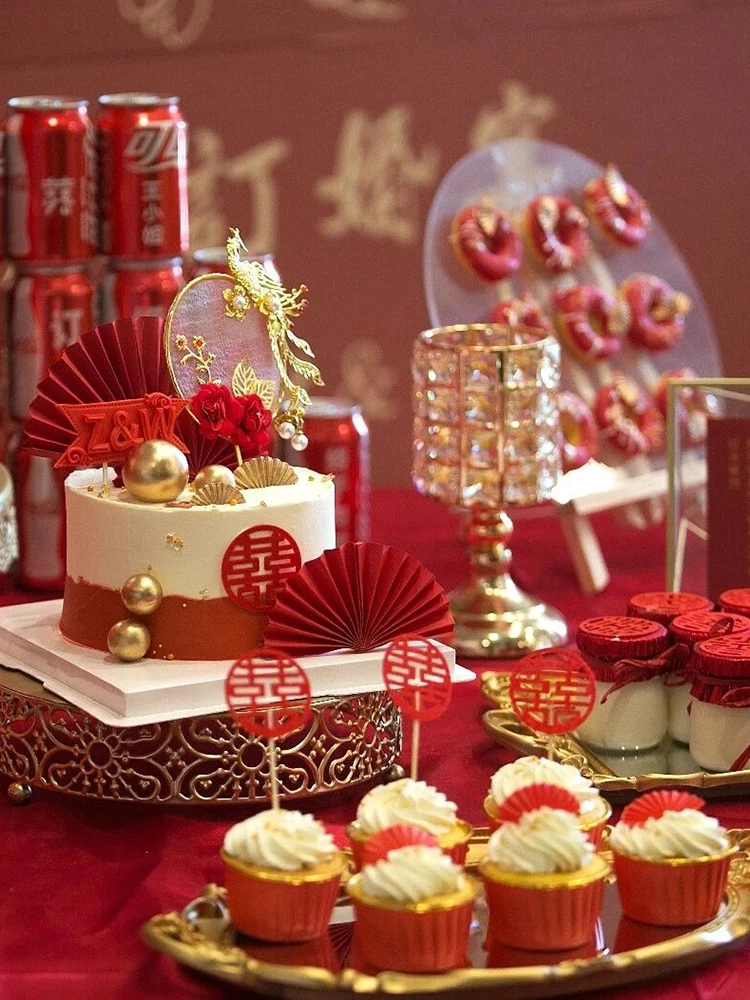 Decoração de Bolo para Celebração de Casamento, Arte em Ferro Fino, Fênix Voadora, Decoração de Mesa de Sobremesas, Redondo, Dupla Felicidade, Feliz Feltro