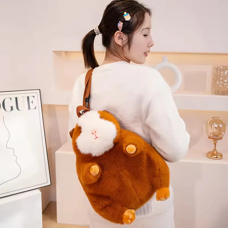 Mochila de pelúcia de cobaia marrom/cinza, 35cm, desenho animado, animal fofo, boneca ondulada, cinto ajustável, carteira de ombro duplo, presente para namorada