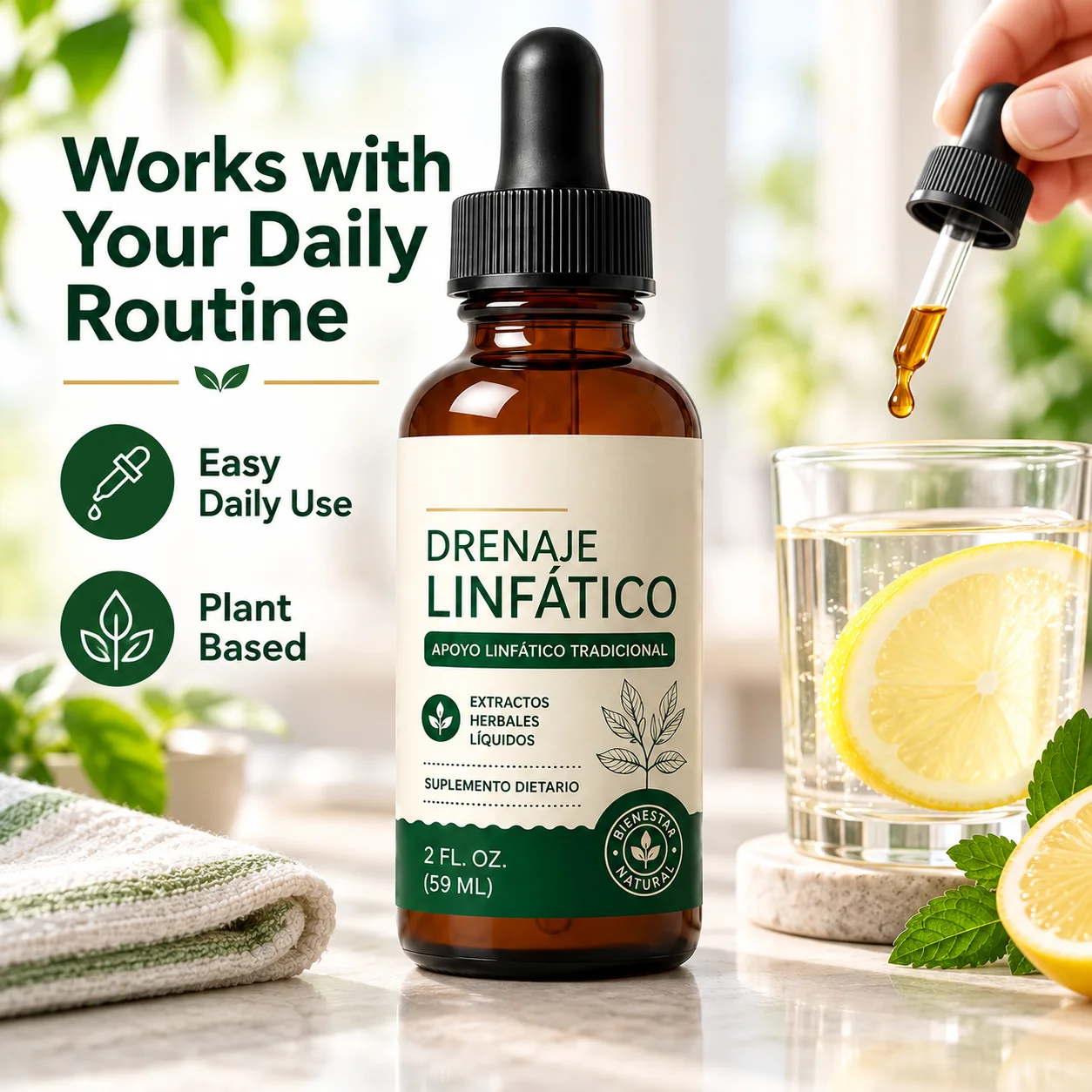 Herbal Drainage Supplement, 2 Fl Oz Lymphatic Liquid Drops with Plant Extracts for Natural Wellness, Body Support and Daily Care