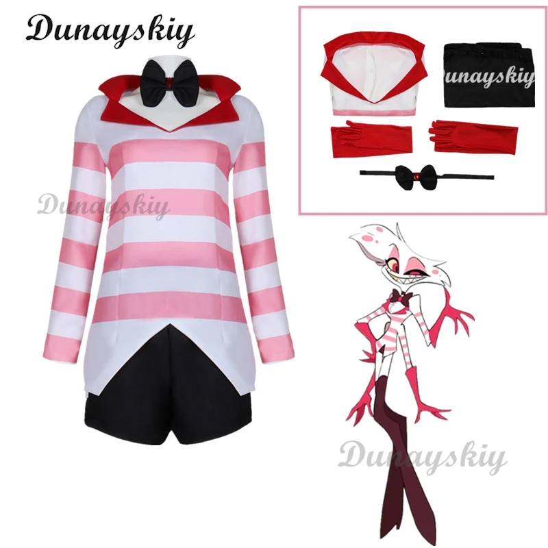 

Anime Hazbin Cosplay Hotel Dust Angel Costume Uniform Women Girls Pink Suit Halloween Carnival Party Outfit