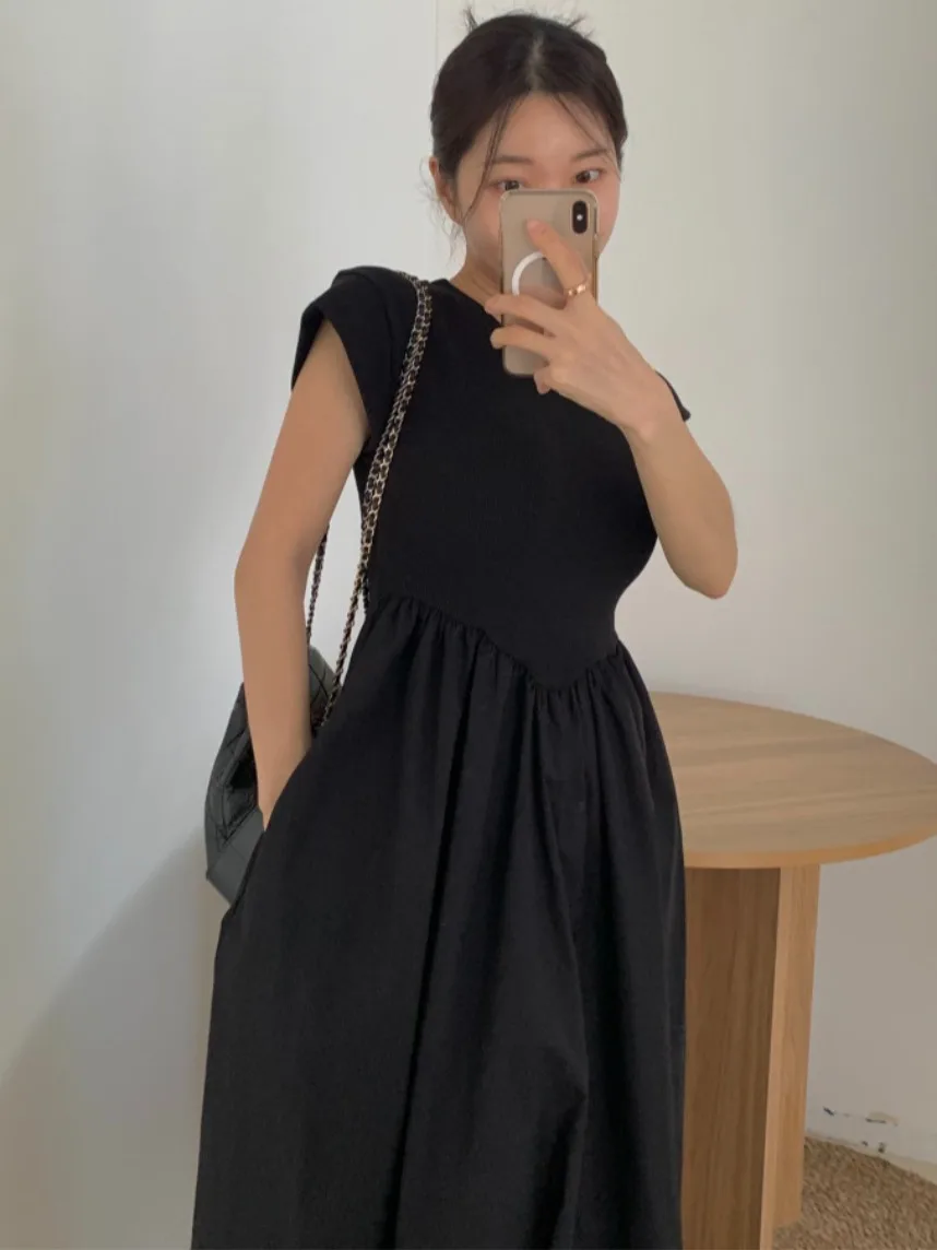 

Ele Summer Long Dr Women's round Ne Slim Fit Splice Pleated Flounce Sve Dr Chic plus Size Casual Maxi Dr