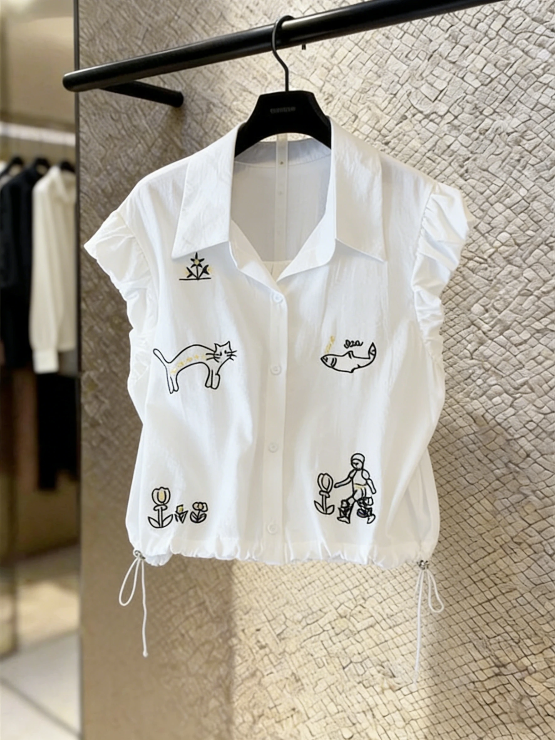 

Korean Style Slimming Cotton Linen Blouse Women's Sleeveless Embroidered Shirt Drawstring Stand Collar Summer New Design