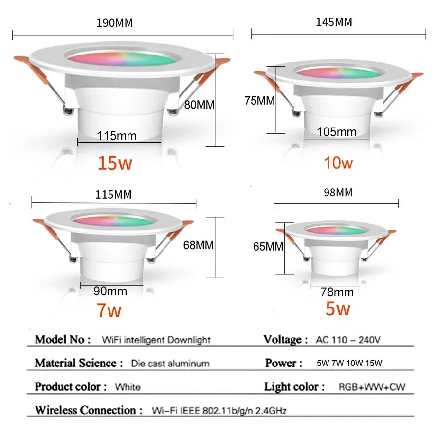 Tuya-接続されたLEDダウンライト,Wi-Fi,Zigbee,調光可能,5W, 7W, 10W, 15W,音声制御,スマートライフ,Alexa, Google Homeで動作