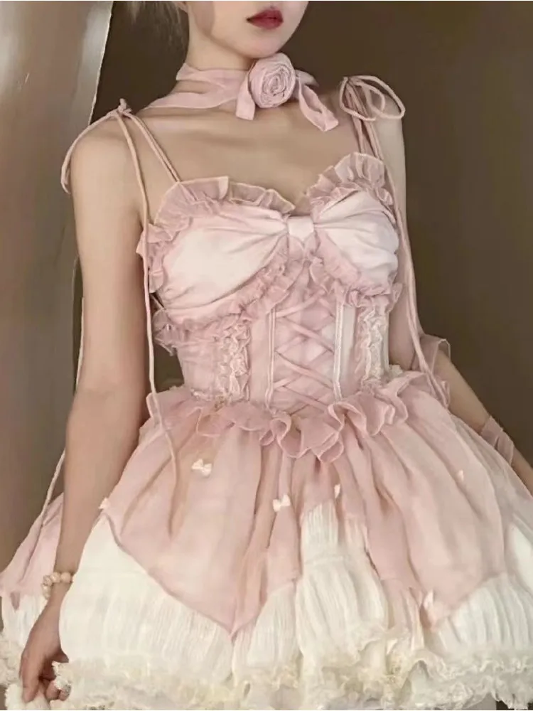 Pink gentle ballet style lolita sweet princess fluffy dress