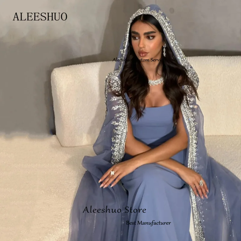 Aleeshuo Elegant Saudi Arabic Satin Tulle Evening Dress Strapless Cap Sleeves Backless Prom Gowns Appliques Beading Dress Party