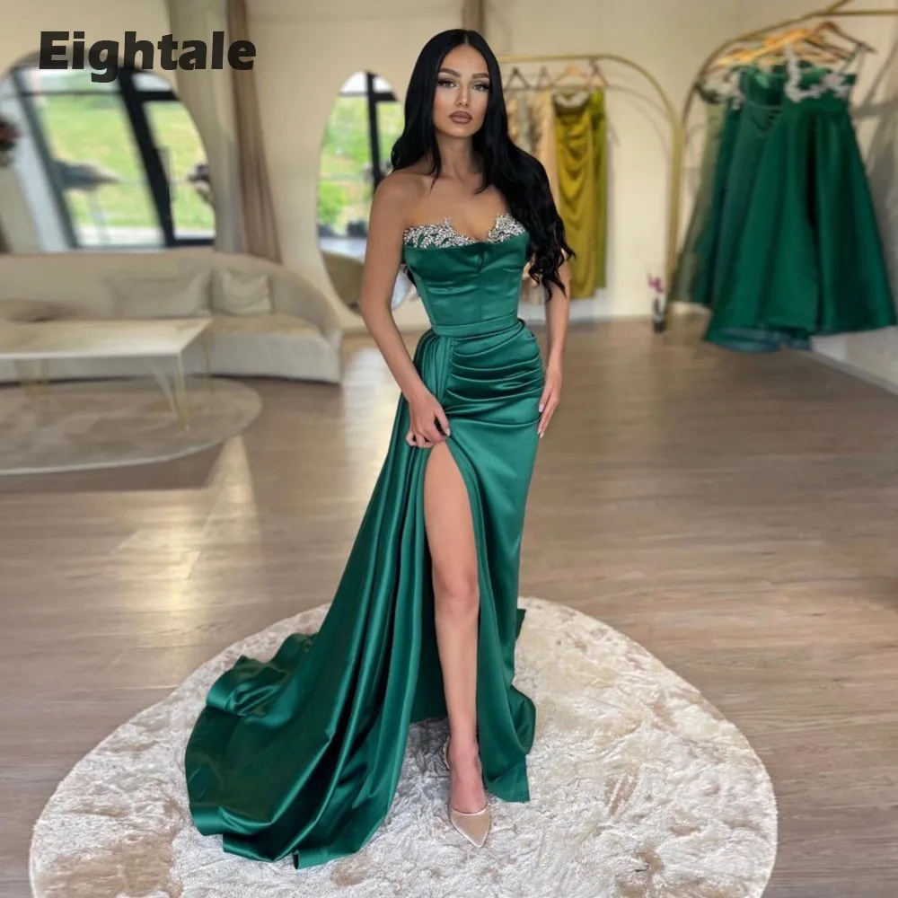 

Eightale Emerald Green Evening Dresses Beaded High Side Slit Formal Mermaid Prom Wedding Party Gown Satin Robe De Soirée Femme