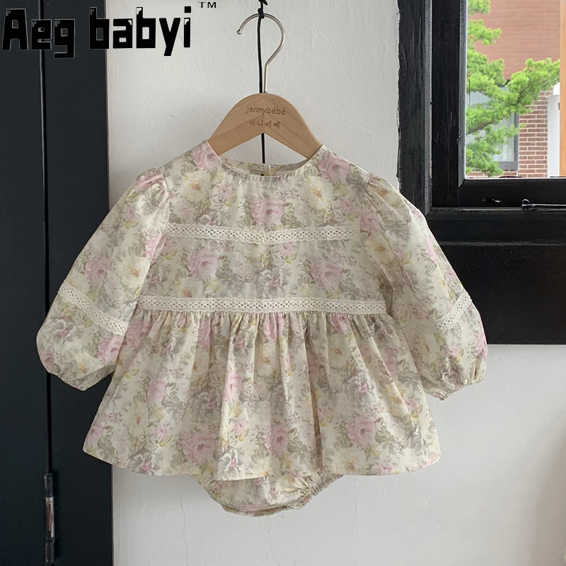 

Autumn New Baby Girls Romper Kids Baby Girls Long Sleeve Bodysuit Lace Edge Floral ​​Cotton Infant Clothes Spring Clothing 0-24M