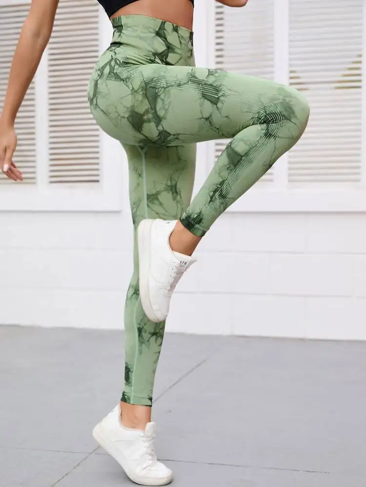 Seamless Tie-dye Yoga Pants Women\'s High-waist Abdomen Peach Hip Fitness Pants Stretch Sports Leggings