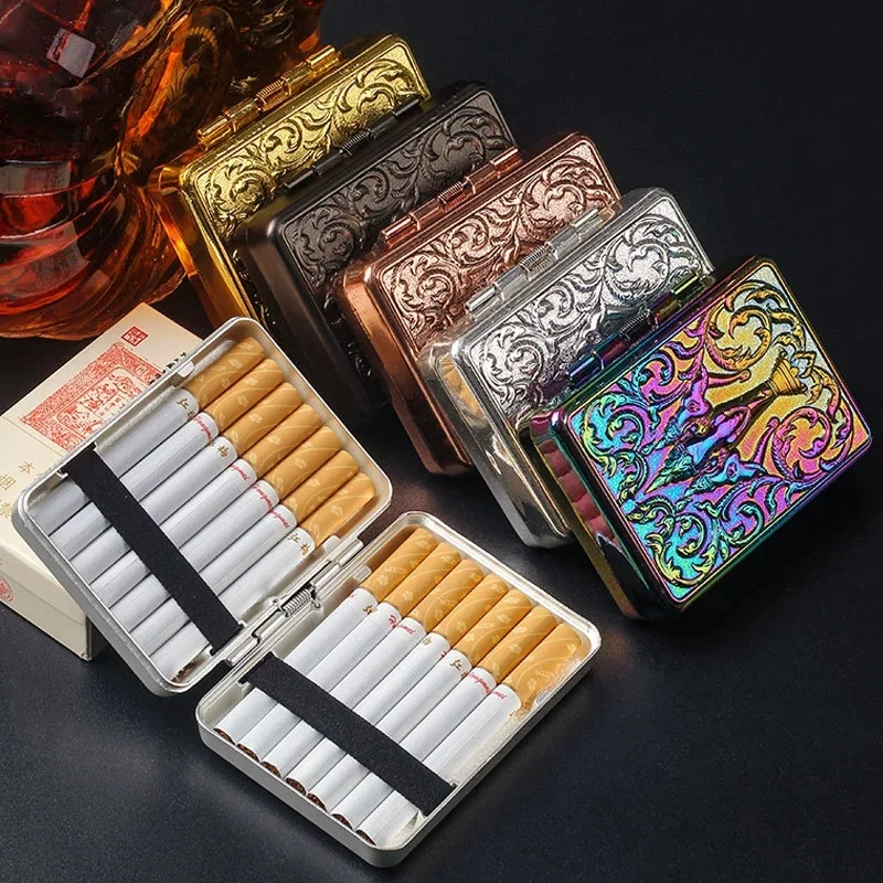 

Retro Carved Metal Cigarette Case Portable Pocket Tobacco Storage Box Holder for 14 Cigarettes Luxurious Smoking Accessories