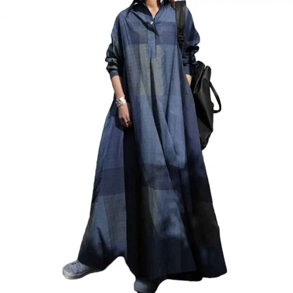 

Ladies Dress Oversized Colorblock Vintage Ethnic Style Long Sleeve Loose Lapel Ankle Length A-line Big Hem Lapel Lady Maxi Dress