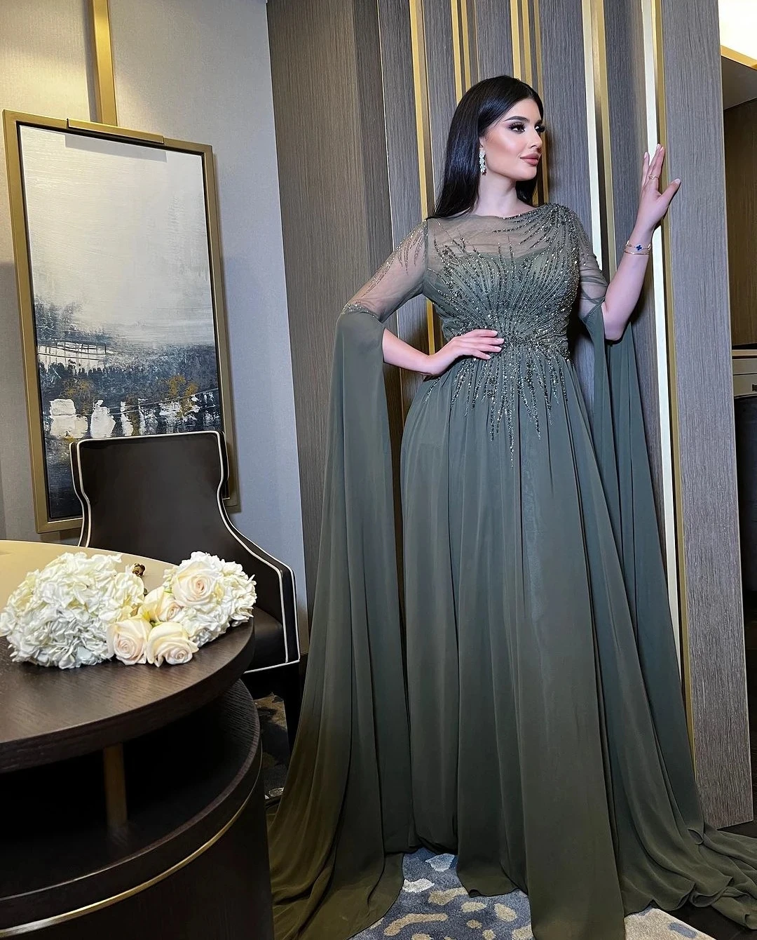 

Vintage Chiffon A-Line Floor-Length Dubai Evening Gown O Neck Prom Dresses Long sleeves Saudi Arabia 2024 vestidos For Women