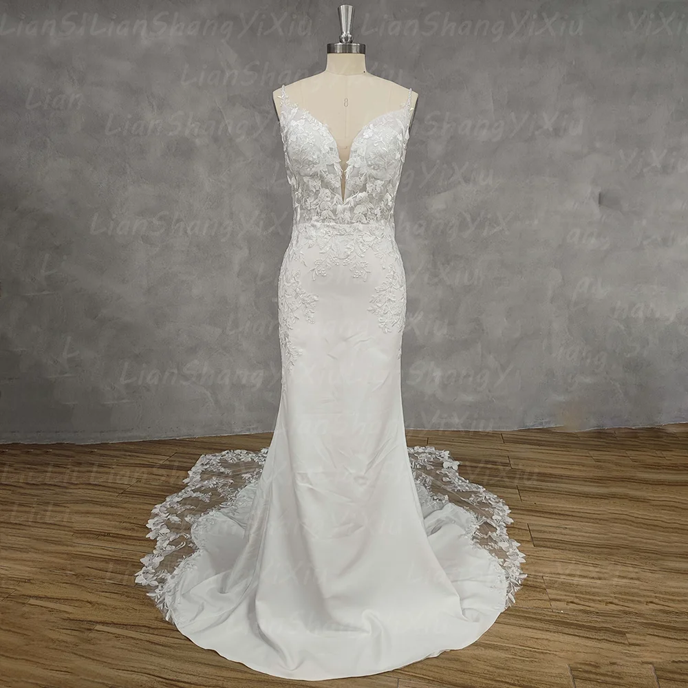 Elegant Mermaid Wedding Dress Spaghetti Straps Deep V Neck Lace Appliques Backless Buttons Chapel Train Satin Bridal Gown Custom image 3