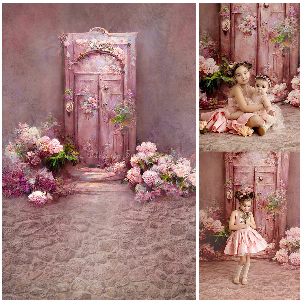 Dreamy Doorway Photo Background Rural Pink Door Flowers Photography Backdrop Pregnant Woman Newborn Portrait Photo Studio Props