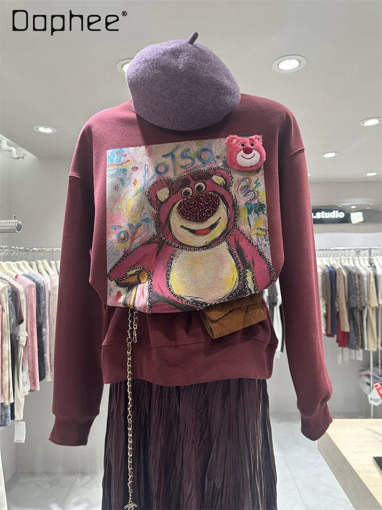 Heavy Industry Rhinestone Cartoon Bear Hoodies Women 2024 Autumn New Casual Loose Round Neck Long-sleeved Sweatshirt Tops