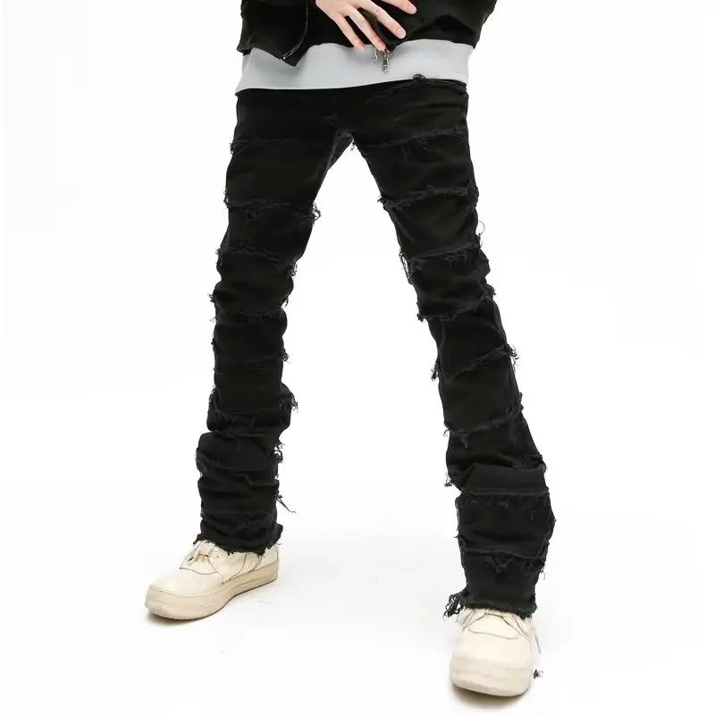2023 Dark Streetwear Black Baggy Grunge Stacked Jeans Y2K Pants Men Patchwork Hip Hop Straight Denim Trousers Pantalones Hombre