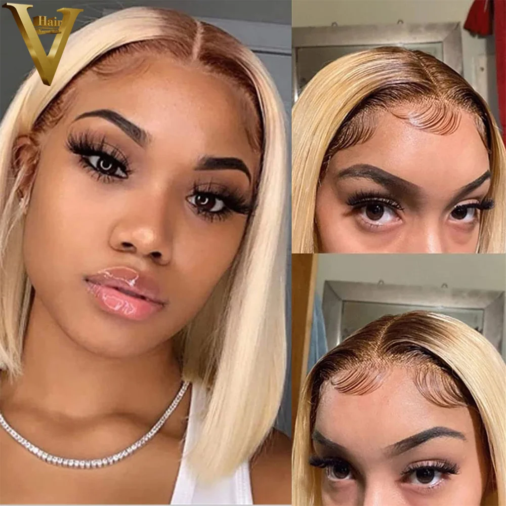 Ombre Blonde Bob Lace Front Wig Brazilian Virgin Human Hair Wigs For Women Pre Plucked Straight HD Transparent Lace Frontal Wigs