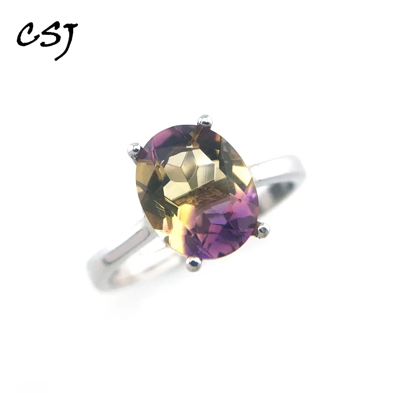 CSJ Trendy Ametrine Rings 925 Sterling Silver Gemstone Oval 8*10mm for Women Party Christmas Birthday Jewelry Gift