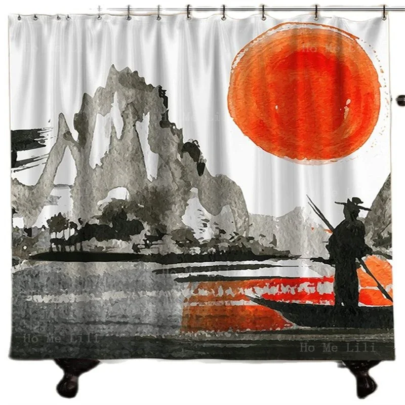 Black And White Japanese Traditional Ink Painting Style Fisherman Taking Boat Waterproof Fabric Shower Curtain For Bathroom