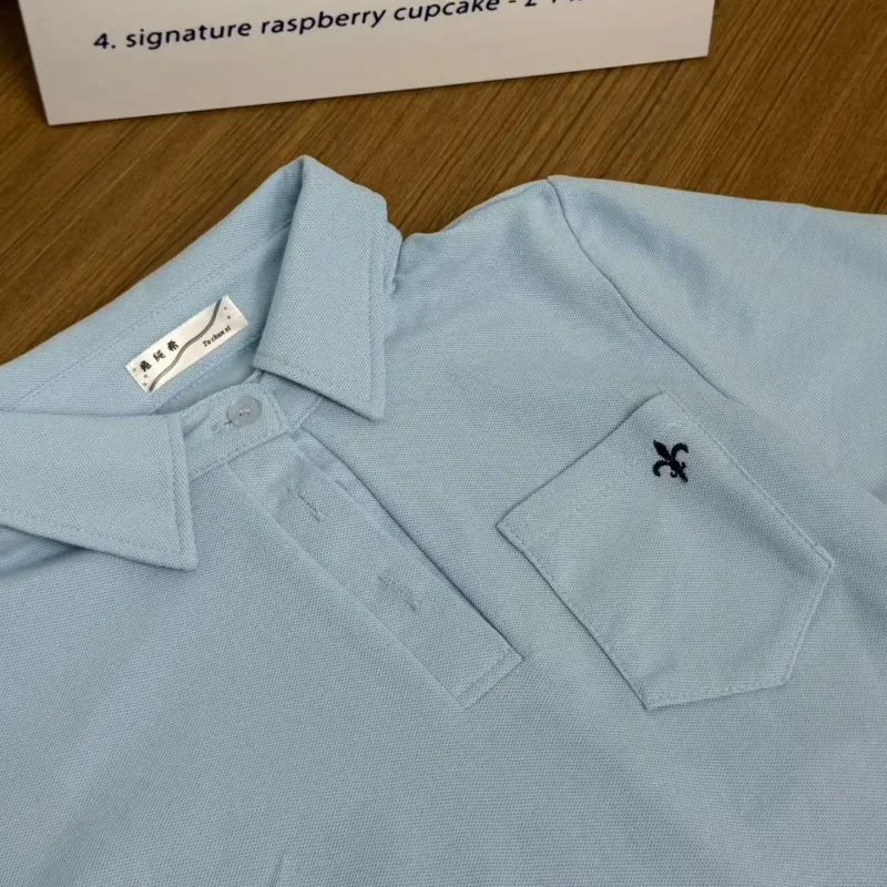 Women Japanese College Style Polo Shirt Embroidered Pocket Slim Waist JK Uniform Short Sleeve Top