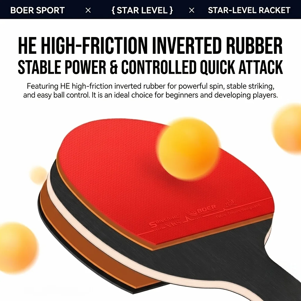 Boer 4-Star Table Tennis Racket, Four-Star Table Tennis Racket, Double-Sided Anti-Adhesive Rubber, Five-Layer Pure Wood Table Tennis Racket, 1 Racket + Racket Bag Set