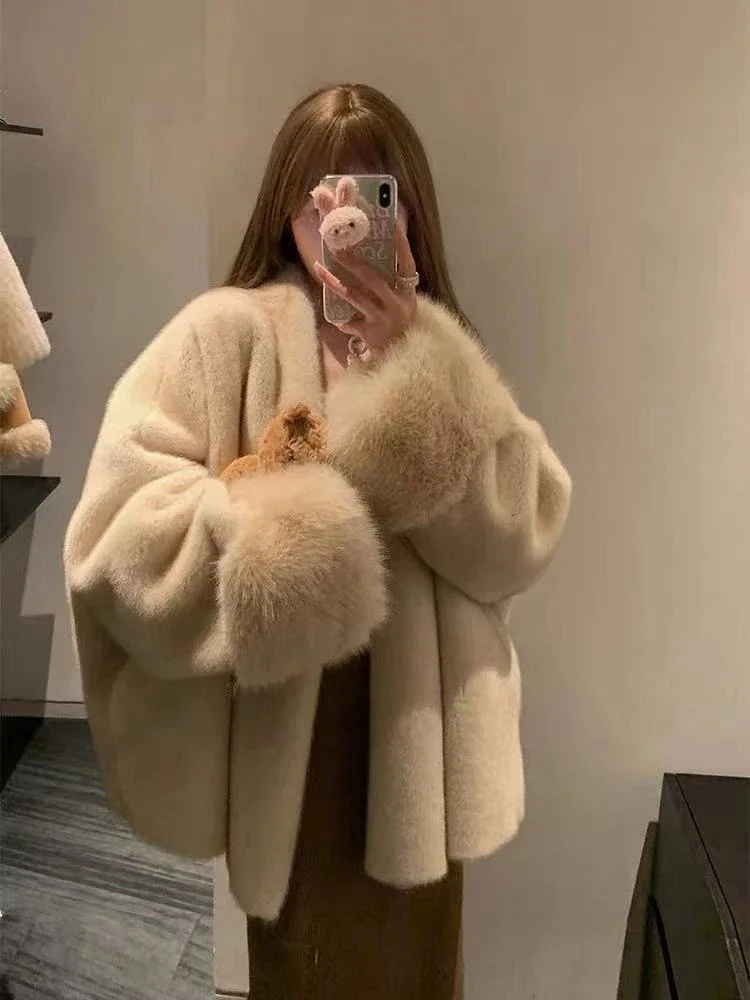 Mode Faux Nerz Pelz Mäntel für Frauen Winter Lose Flauschigen Haarigen Casual Jacke Y2K Streetwear Langarm Weibliche Pelz Oberbekleidung