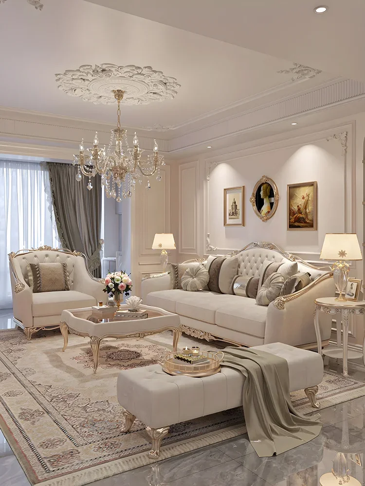 

Customized French light luxury, palace style fabric sofa, solid wood carved living room, neo-classical European high-end villa l