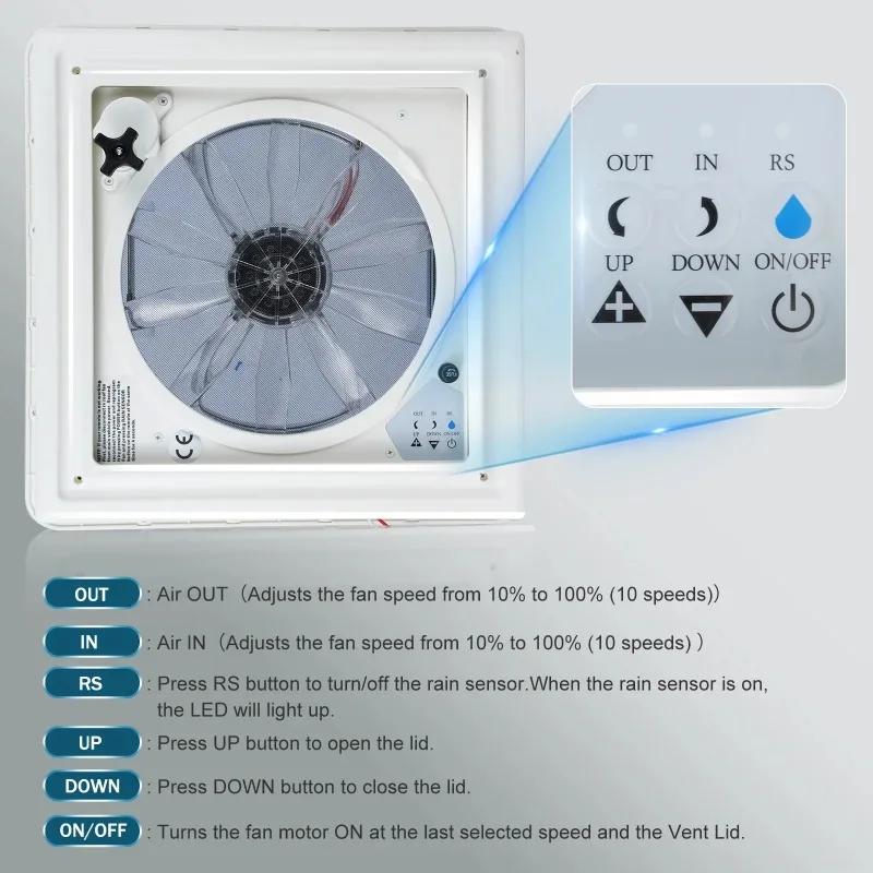 RV Fan Rain Sensor 10/3 Speed Remote Control Caravan RV Roof Skylight M-otorhomes Vents 12V Camper Vehicle Electric RV Vents Fan