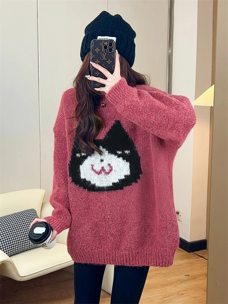 

Red Loose Long Sweater Women's Autumn Winter Outerwear Lazy Style Premium Feel Ladies Casual Long Top Commute Style