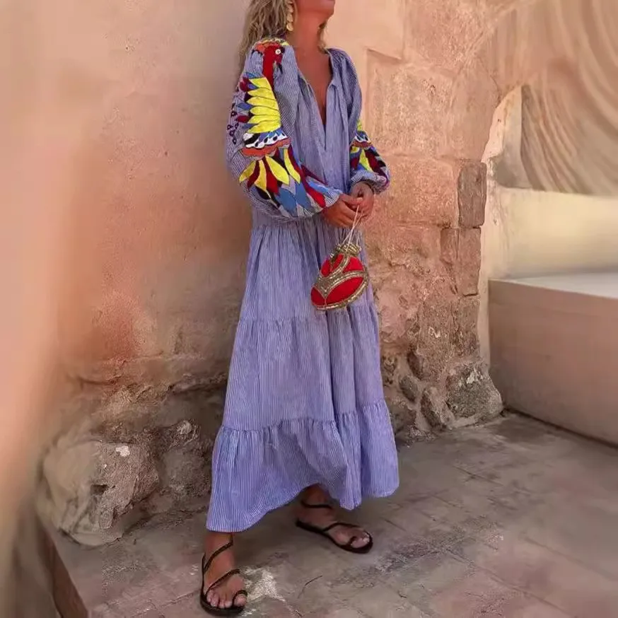 Damen-Sommerkleid, lässig, langärmelig, bedruckt, mit Blumenmuster, Maxi-Pullover, Boho-A-Linien-Rock, blau und weiß, mit Rüschen