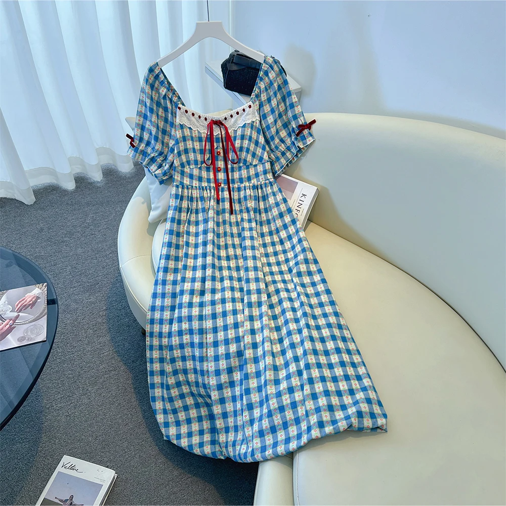 

Summer Women's Plus Size Casual Short Sleeve Dresses Loose Simple Plaid Dresses 2025 New Women's Clothing Lantern Dresses