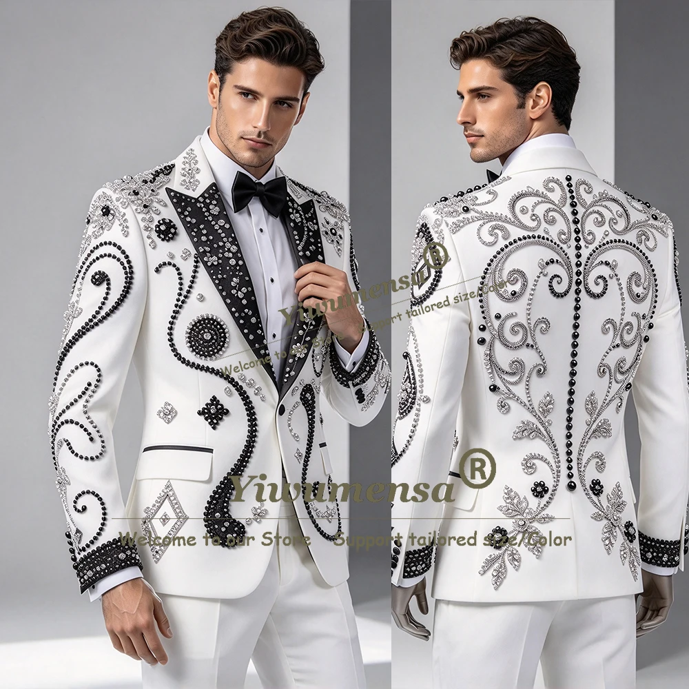 Designer Suit Men For Wedding Handmade Pearls Stones Groom Prom Blazer Pants 2 Pcs Man Business Dinner Party Tuxedos Ropa Hombre